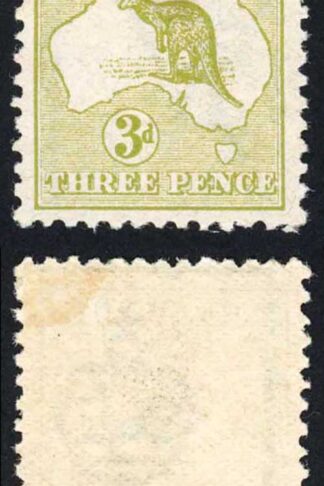 Australia SG5 3d Yellow-Olive Die I Kangaroo wmk 1st Crown M/M cat 85