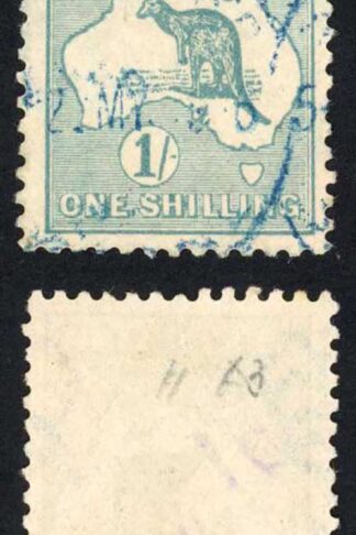 Australia SG11a 1/- Blue-green Kangaroo wmk 1st Crown Blue pmk Cat 30