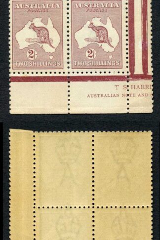 Australia SG74 2/- Maroon Kangaroo wmk 3rd Crown (Vertical bend) U/M Toned gum