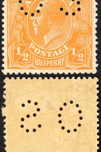 Australia SGO66 1/2d Orange 2nd Wmk Perfin OS M/M Broken Perf Pin