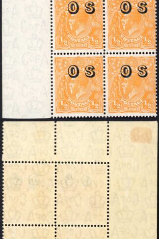 Australia SGO128 1/2d Opt OS Block Stamps Are U/M (mounted in margin)