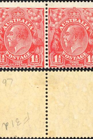 Australia SG96a 1 1/2d Golden Scarlet Variety Inverted V for A in pair M/M