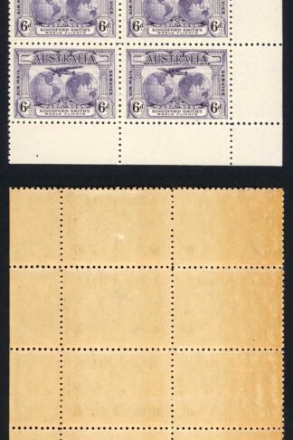 Australia SG129 6d Kingsford Smith top right with EXTRA ISLANDS U/M Block (tone