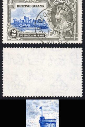 British Guiana SG301h 2c Silver Jubilee Dot by flagstaff Superb used Cat 135