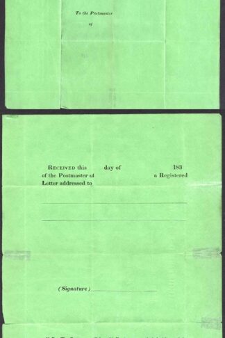 ESSAY or PROOF for the Green Wrappers Registered Letters were enclosed in.