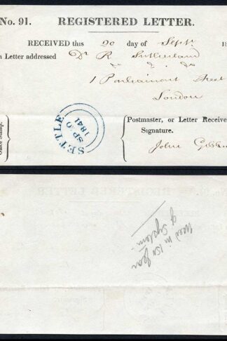 Registered Receipt Type 1 used on the 20th Sept 1841