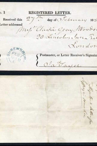 Registered Receipt Type 2 (Small Type) used 27th Feb 1850