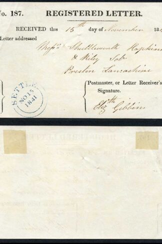 Registered Receipt Type 1 used on the 15th Nov 1841