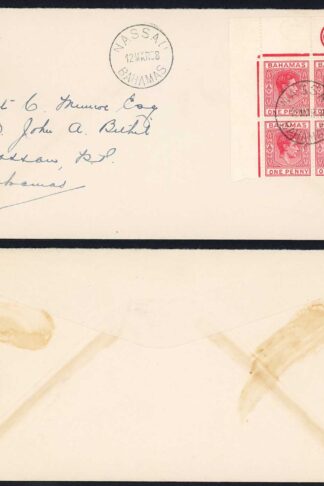 Bahamas SG150 1d carmine Plate Block on Second Day cover