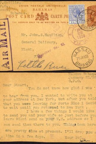 Bahamas KGV 1 1/2d Post card uprated with KGV 2 1/2d