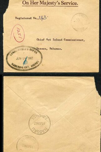 Bahamas QEII OHMS cover with Mangrove Cay postmarks