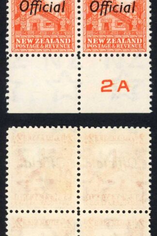 New Zealand SGO123b 2d Orange OFFICIAL Perf 12 Plate 2A Block (no side margin)