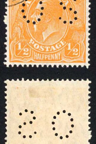 Australia SGO88 1/2d Wmk 7 Perfin OS Perf 14 ASC67ba(8)j No Cross on Crown CTO