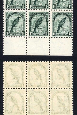 New Zealand SG588 1/- Deep Green on Coarse Paper Perf 14 x 13.5 Block Re-entry