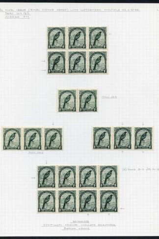 New Zealand SG588 1/- Deep Green Coarse Paper Perf 14 x 13.5 Page of re-entries