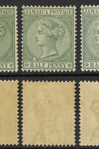 Jamaica SG16 1/2d wmk crown CA selection of 5 M/M shades (1 with corner crease)