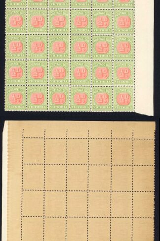 Victoria SGD34a 1/2d Post Due wmk Crown over V U/M block of 30 cat 202.50++ Pou