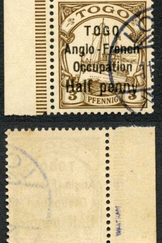 Togo SGH27b 1/2d on 3pf Brown Thin y in Penny Fine used Cat 60 pounds