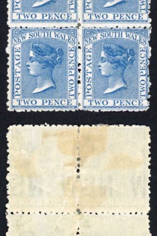 NSW SG209 2d Prussian Blue wmk 36 Perf 13 Block (re-enforced perfs) Cat 210++ p