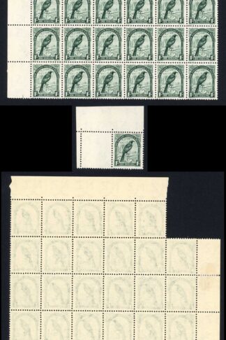 New Zealand SG588 1/- Deep Green Multiple Wmk Perf 14x13.5 U/M Block plus single