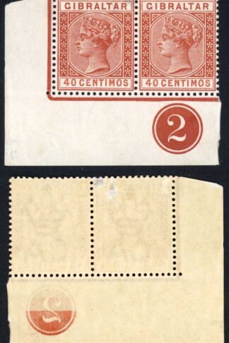 Gibraltar SG27 40c Plate Pair M/M (left stamp has a thin)
