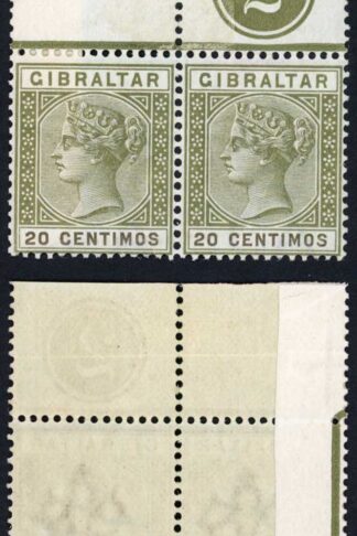 Gibraltar SG28 20c Olive green and Brown U/M Plate Pair (Right Stamp Creased)