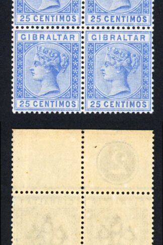 Gibraltar SG26 25c Ultramarine M/M Plate Block Cat 104+++ pounds