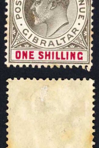 Gibraltar SG61 1/- Black and carmine Wmk Mult Crown CA M/M (toned) Cat 65 pounds