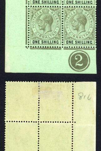 Gibraltar SG81b 1/- Olive back Chalky Paper Mult Crown CA Plate Block (2 x U/M)