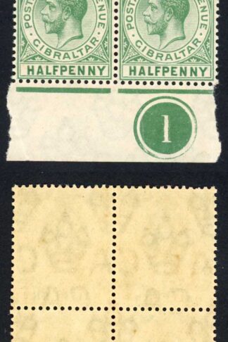 Gibraltar SG76a 1/2d Yellow-green Wmk Mult Crown CA U/M PLATE BLOCK