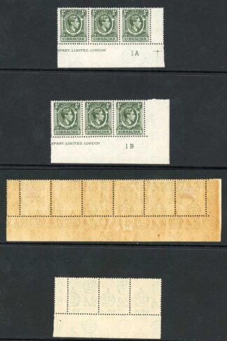 Gibraltar SG121 KGVI 1/2d Green Plate 1a. Plate 1b and plate 1c Strips