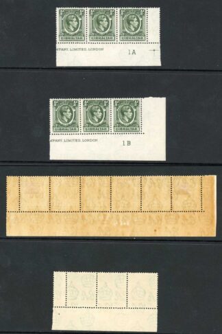 Gibraltar SG121 KGVI 1/2d Green Plate 1a. Plate 1b and plate 1c Strips