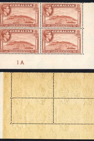 Gibraltar SG122 KGVI 1d yellow-brown Perf 14 U/M Cat 120+ pounds Plate Block