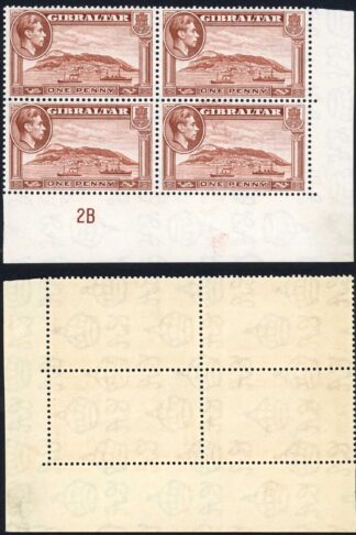 Gibraltar SG122b 1d Red-brown Perf 13 Wmk S/ways U/M Plate Block