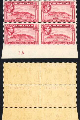 Gibraltar SG123 1 1/2d Carmine Perf 14 U/M Plate Block Cat 140+++ pounds