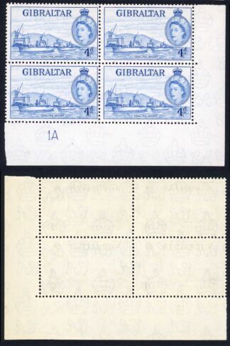 Gibraltar SG151 4d Ultramarine and Blue in U/M Plate Blocks Cat 148+++ pounds