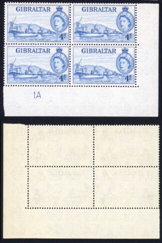 Gibraltar SG151 4d Ultramarine and Blue in U/M Plate Blocks Cat 148+++ pounds