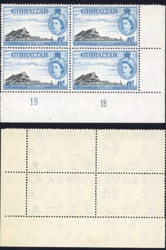 Gibraltar SG153a 6d Black and blue U/M Plate Block Cat 44+++ pounds