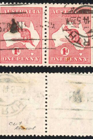 Australia SG2e 1d Die IIA Kangaroo 1st wmk BW 4(G)j Cut throat in Pair