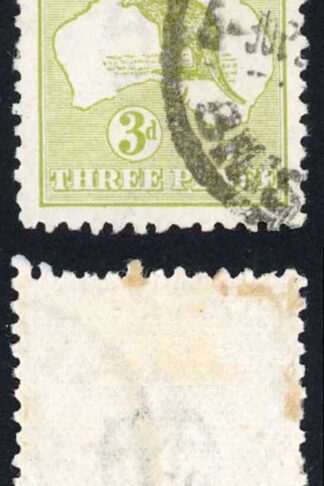 Australia SG37b 3d Olive-yellow Kangaroo 3rd wmk (a few brown marks on reverse)