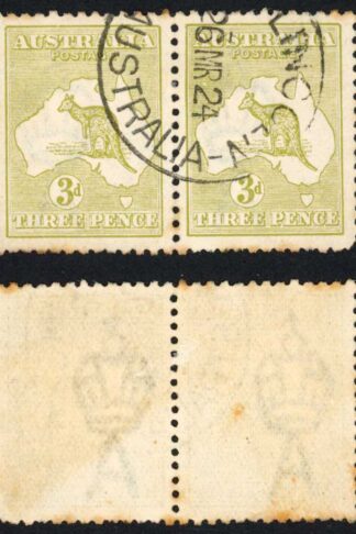 Australia SG37e 3d Light-Olive Kangaroo 3rd wmk Die IIB (tone spots) Cat 26 pou