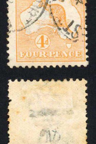 Australia SG3 4d Orange Kangaroo 1st wmk (tone spot) Cat 27 pounds