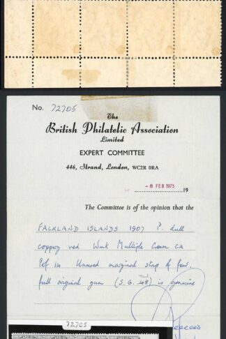 Falkland Is SG44d KEVII 1d Dull Coppery-red (Thick Paper) BPA Cert Cat 900++
