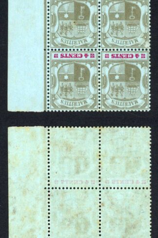 Mauritius SG143a 4c Wmk Crown CA INVERTED Block (no gum) Cat 116 pounds