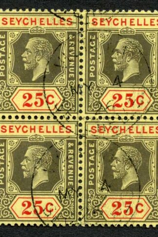 Seychelles SG114 25c Wmk Script CA 4th May 1926 CDS Cat 108++ pounds