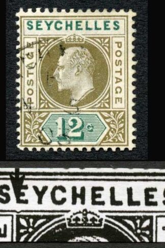 Seychelles SG49a 12c Wmk Crown CA Dented Frame Cat 250 pounds