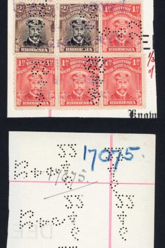 Rhodesia1922 Perfin One pound 2/- x 3 and 1d x 5 on Piece