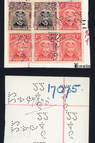 Rhodesia1922 Perfin One pound 2/- x 3 and 1d x 5 on Piece