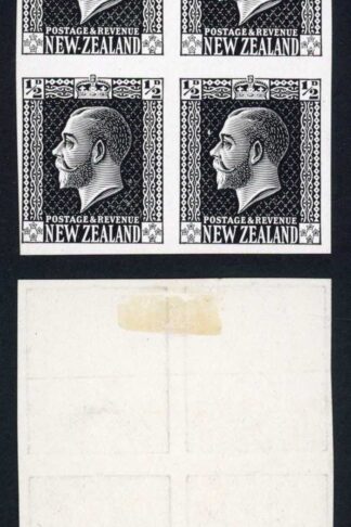 New Zealand 1915 1/2d Imperf Plate Proof Block in Black on thin Card
