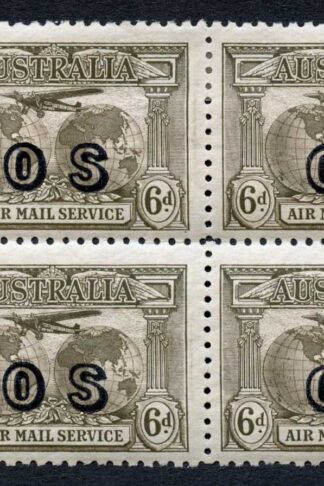 Australia SG139a 6d Sepia Opt OS Block of FOUR (2 x U/M) Cat 128++ pounds